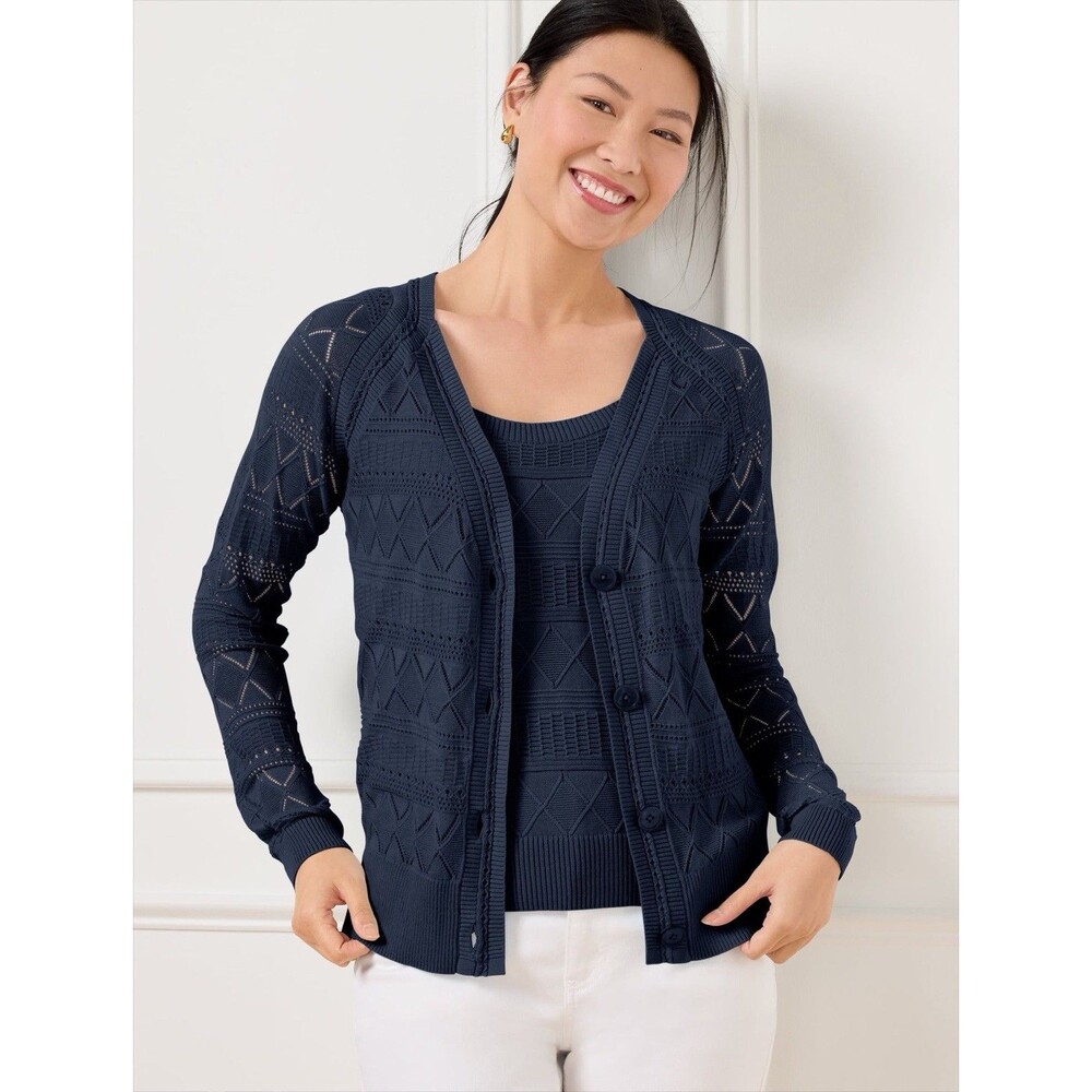 Talbots Lace Pointelle Cardigan Navy Blue Lg Cotton Modal Eyelet Lightweight